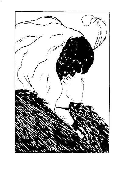 'Leeper's ambiguous lady' a black and white drawing of a two people in one image - the jawline of a pretty young woman looking to the rear of the image forms the nose of the ugly old woman.