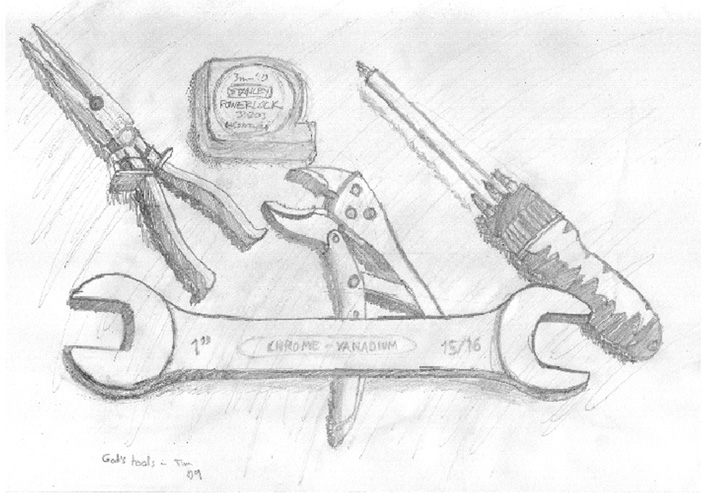 A pencil drawing of God's tools - including a spanner, screwdriver, tape measure and pliers
