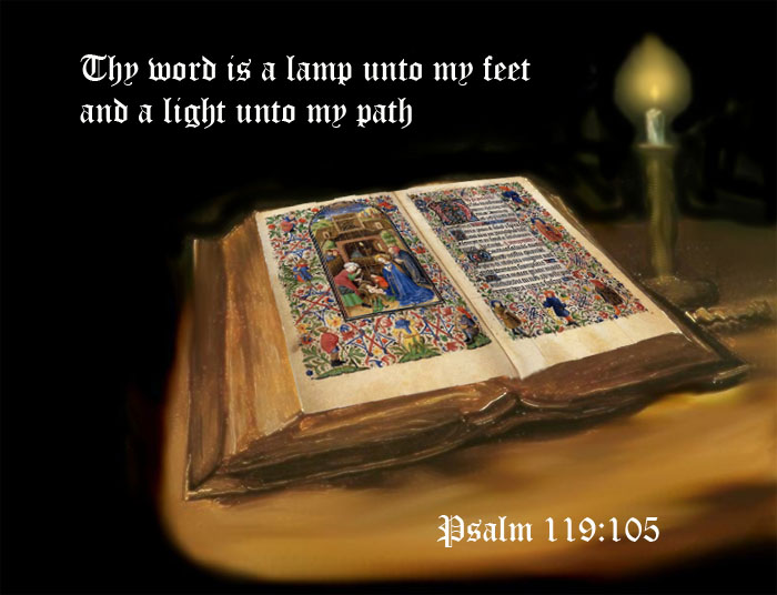 A painting of a Bible lit by a candle with the text "Thy word is a lamp unto my feet and a light unto my path"