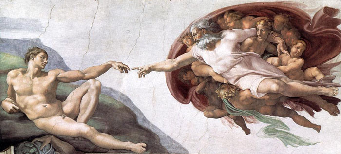'The finger of God' painting in which man reaches up and almost touches the finger of God surrounded by his heaveny beings