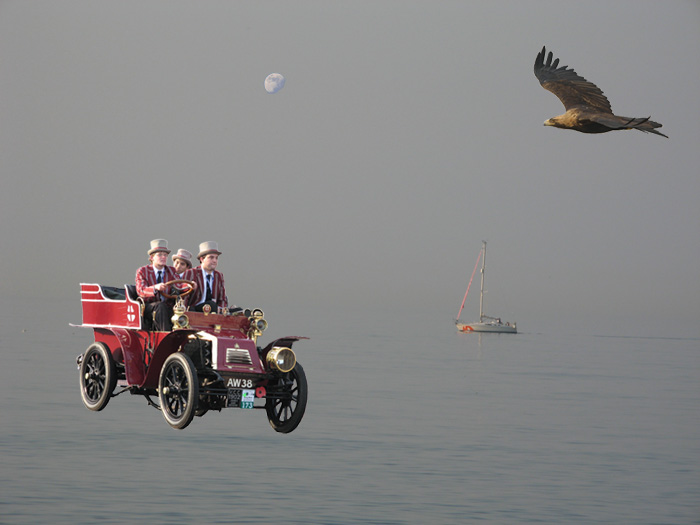 A dream like image of a boat on water in the background, with a golden eagle flying and a vintage car being driven by 3 men in red and white blazers hovering over the water!