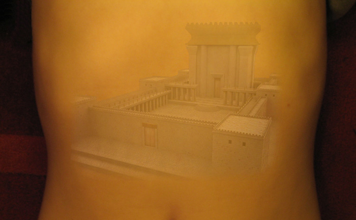 Photo of a torso with the Old Testament  temple superimposed on it